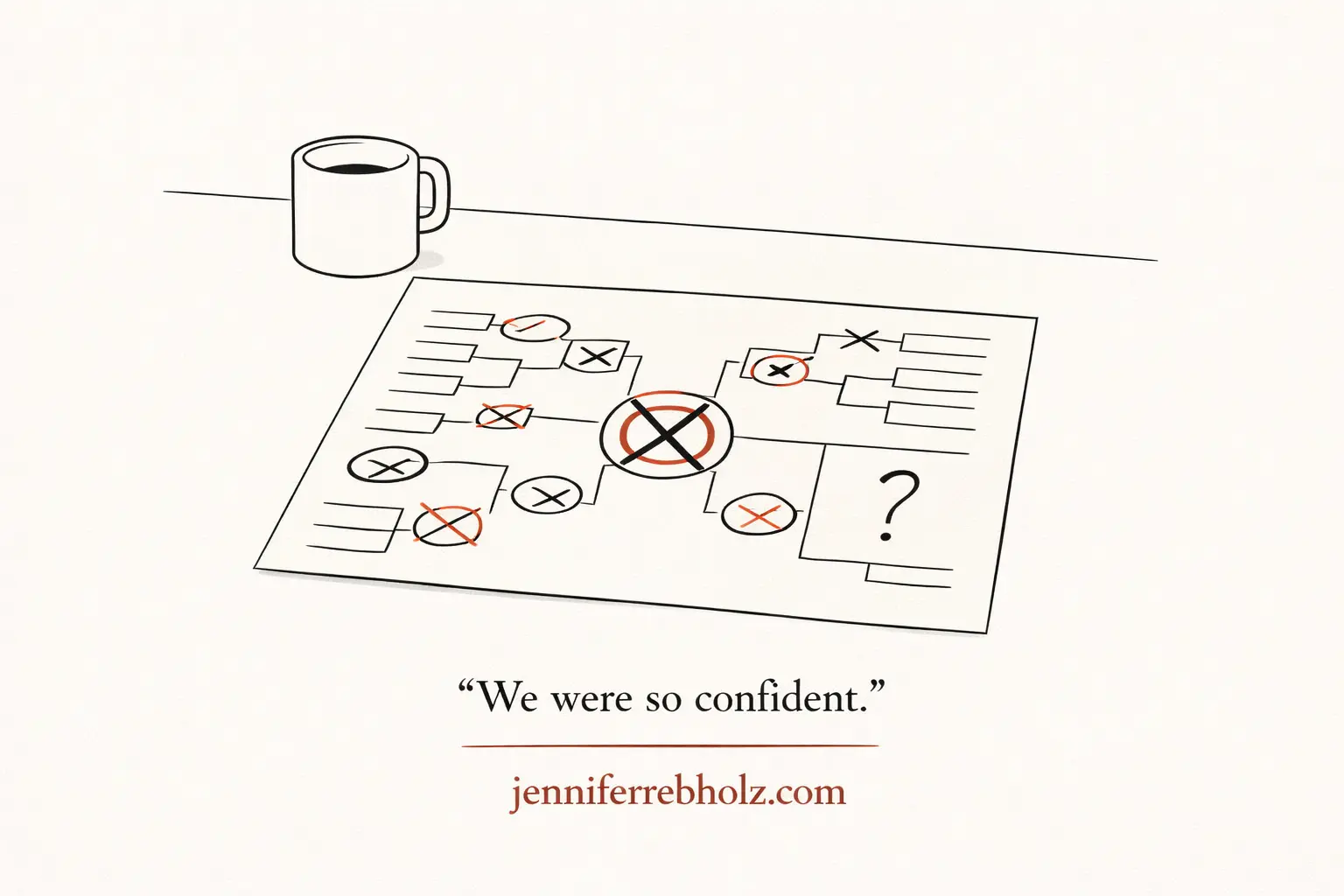 A bracket sheet covered in Xs and question marks sits on a kitchen table. Caption: We were so confident.