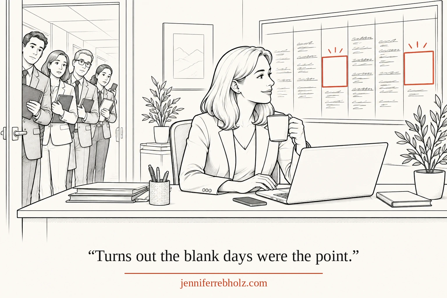 Line-drawing comic of Jane working calmly at a tidy desk beside a wall calendar. Most days are crammed with scribbled commitments, but two days each week are deliberately left empty and boxed off as protected hold days. Just outside her office doorway, a small line of colleagues waits with meeting requests, phones, and folders. Her expression is calm and a little knowing. Caption: Turns out the blank days were the point.
