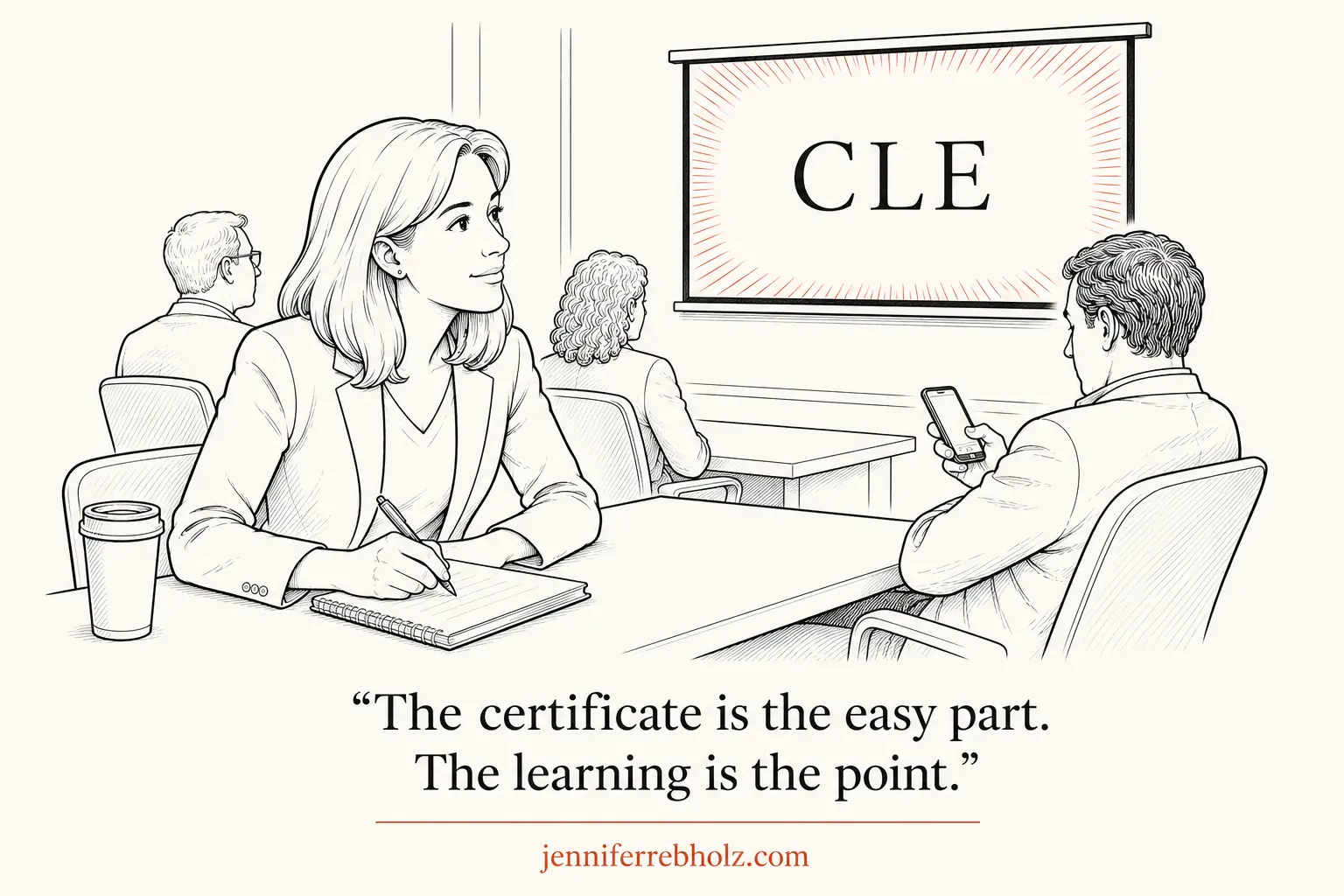 Line-drawing comic of Jane at a CLE seminar, leaning forward and taking notes, genuinely engaged, while a bored attorney beside her checks a phone. Caption: The certificate is the easy part. The learning is the point.