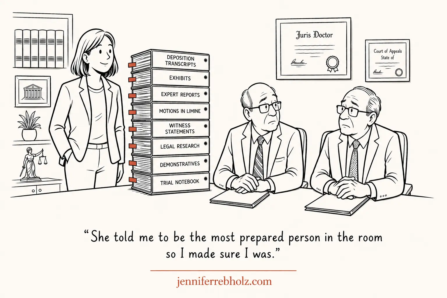 Line-drawing comic of a young female attorney standing confidently next to a tall stack of labeled binders, deposition transcripts, exhibits, expert reports, motions in limine, witness statements, legal research, demonstratives, and trial notebook, with two older male attorneys at the opposing table looking surprised. Caption reads: She told me to be the most prepared person in the room so I made sure I was.