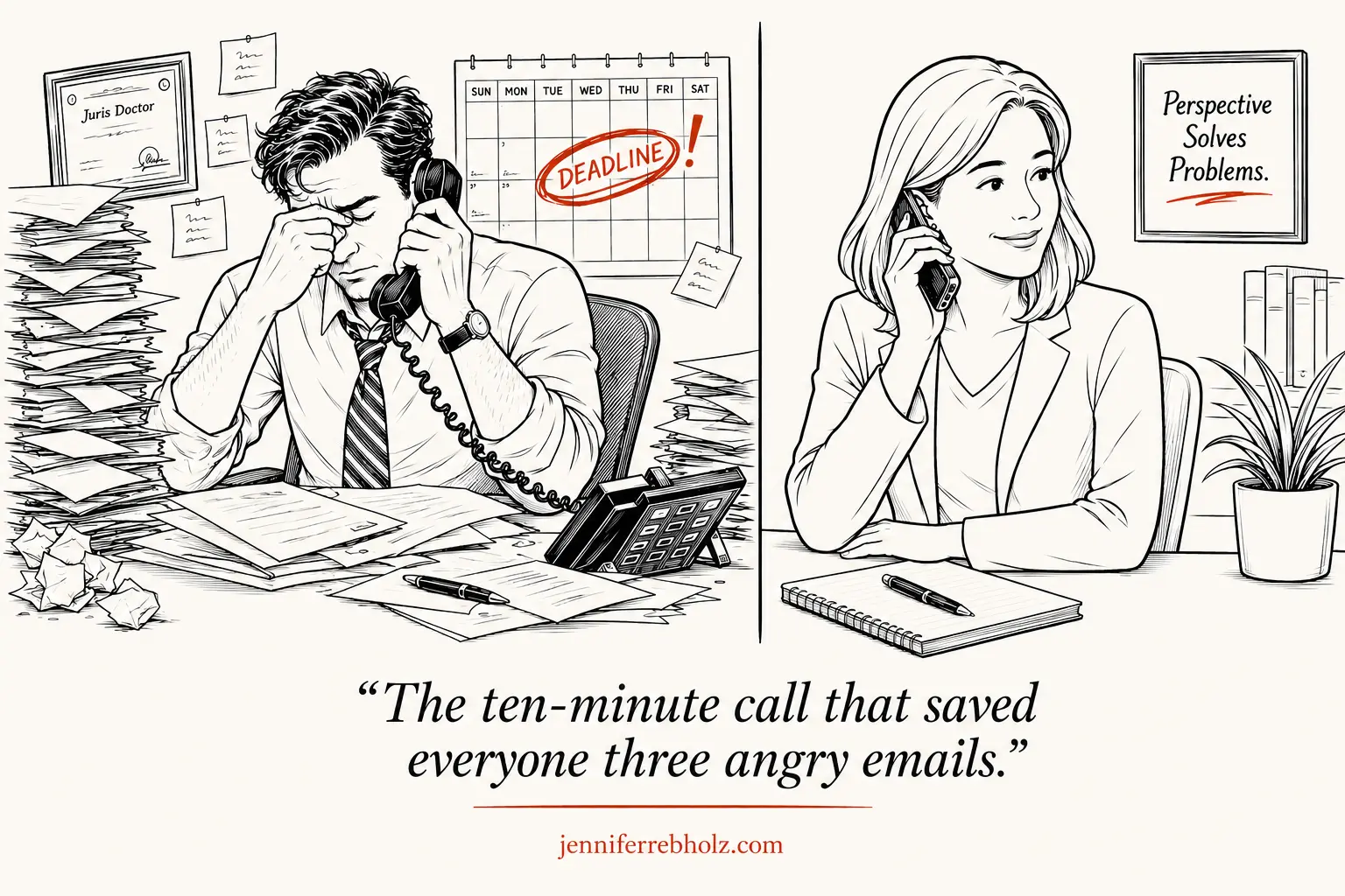 Line-drawing comic of a split-screen phone call between two lawyers. On the left, a stressed attorney sits at a cluttered desk with a circled calendar deadline behind them. On the right, Jane listens calmly with a slight smile, coffee mug in hand and notepad ready. Caption: The ten-minute call that saved everyone three angry emails.