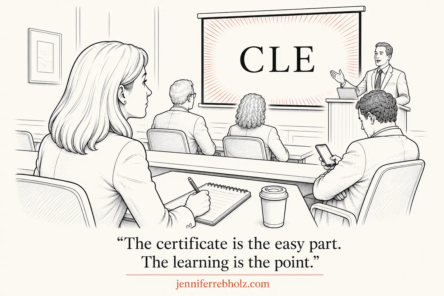 Line-drawing comic of Jane at a CLE seminar, leaning forward and taking notes, genuinely engaged, while a bored attorney beside her checks a phone. Caption: The certificate is the easy part. The learning is the point.