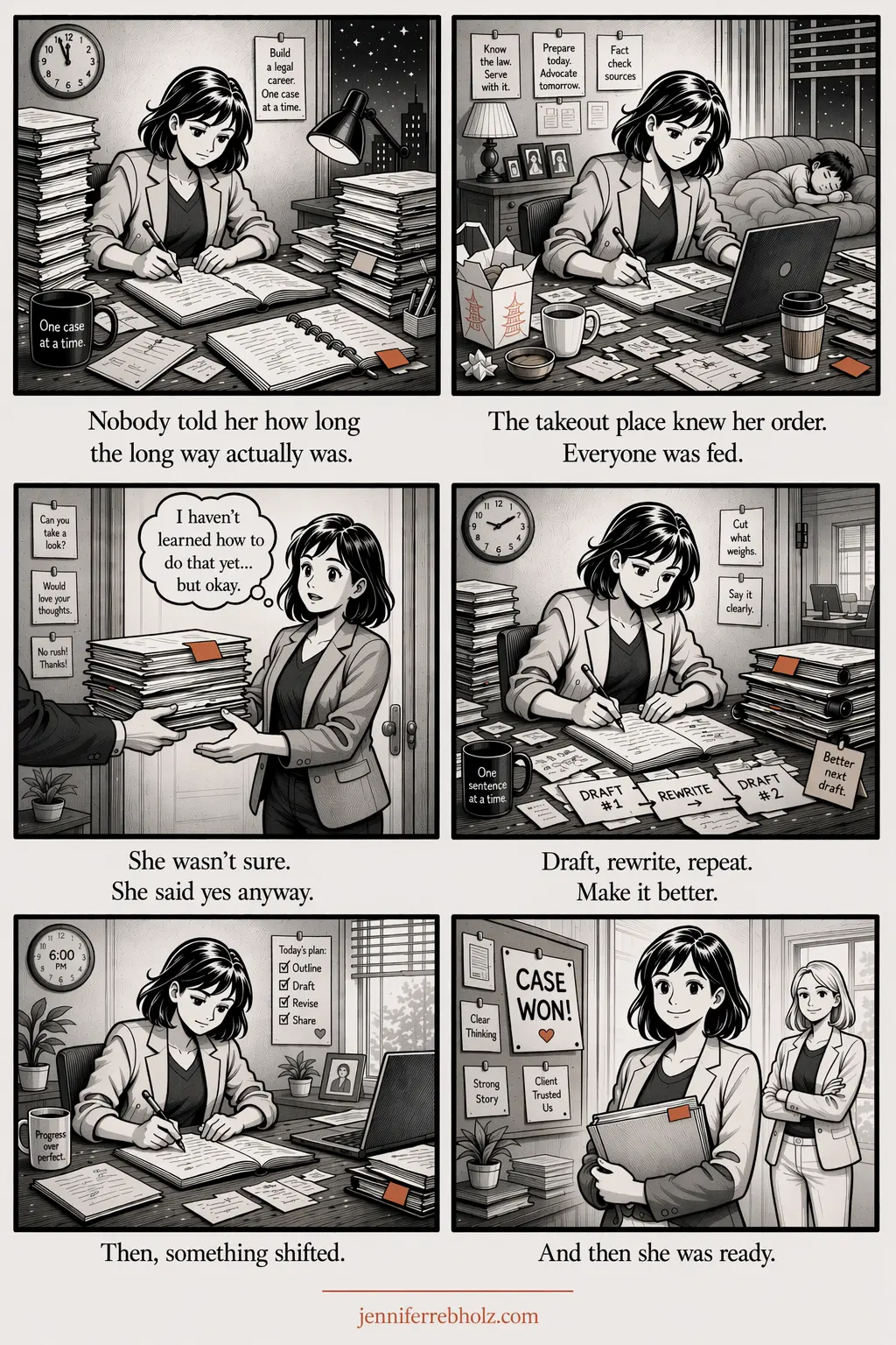 Jane sits alone at a desk buried in stacked files and a takeout container, pen in hand, clock on the wall at midnight. Caption: The takeout place knew her order.  Everyone was fed.