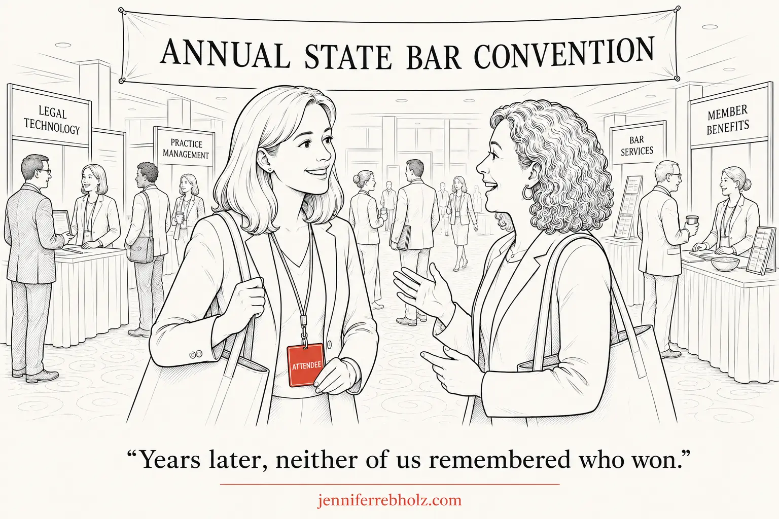 Line-drawing comic of Jane at a bar convention vendor hall, reconnecting with a lawyer she has not seen in years, both laughing mid-conversation. Caption: Years later, neither of us remembered who won.