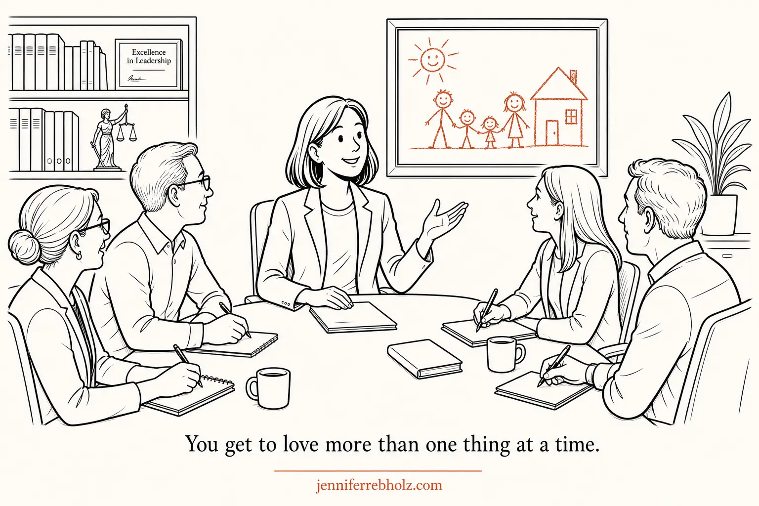 Line-drawing comic of Jane sitting at the head of a conference table leading a meeting, smiling and gesturing as colleagues lean in engaged. A framed child's crayon drawing of a stick-figure family, sun, and house hangs on the wall behind her. Caption reads: You get to love more than one thing at a time.