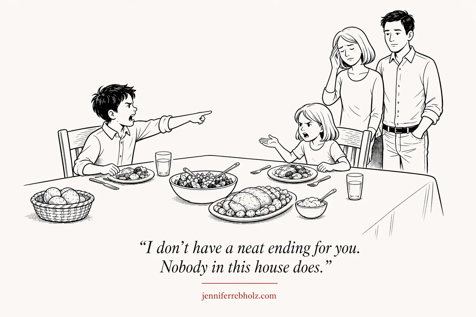 Two young children sprawled across a sofa with legs overlapping, each convinced the other is taking more space, while their mother stands in the kitchen doorway holding a wooden spoon with dinner half-made behind her. Caption: Some nights just don't get resolved.