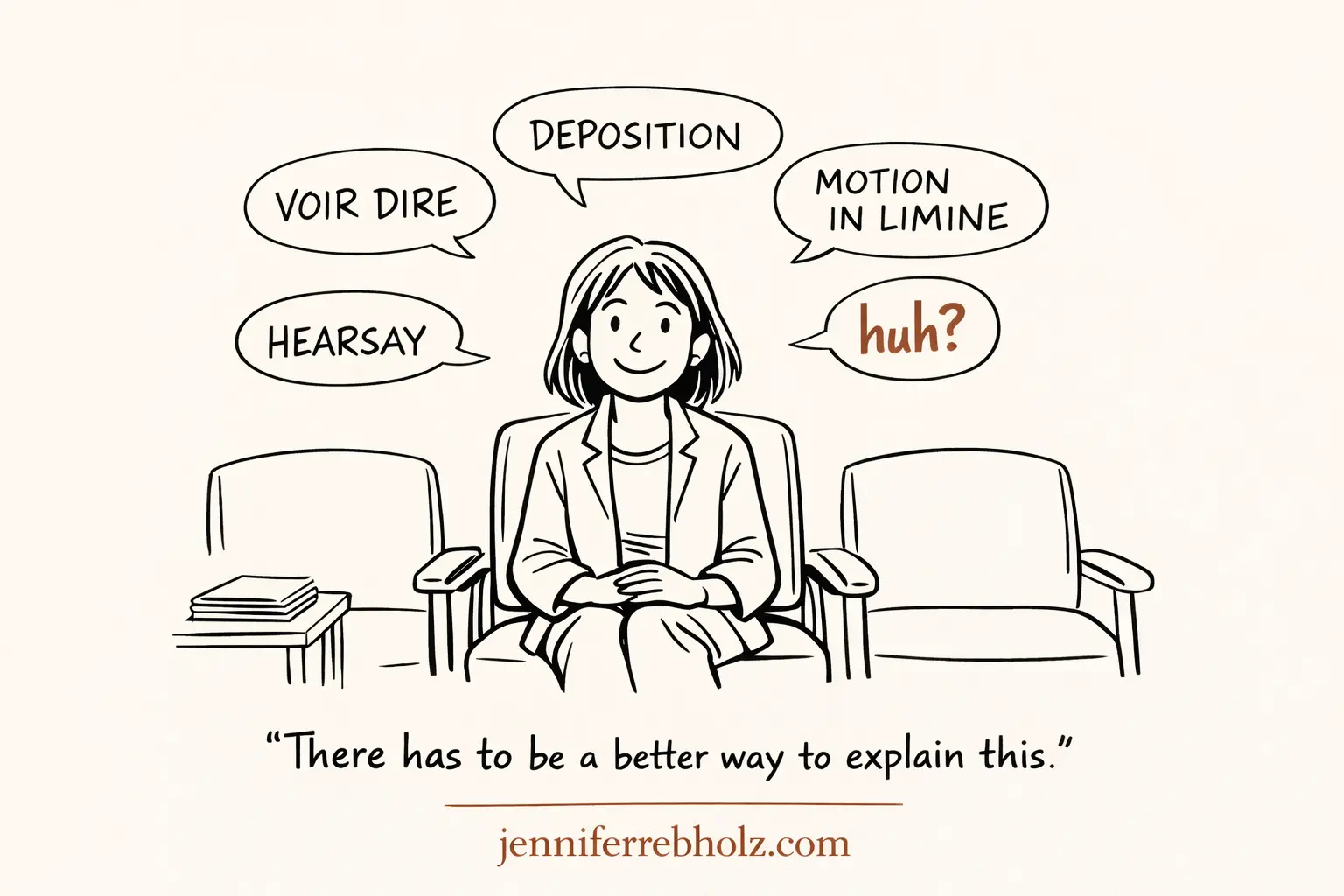 A woman sits in a waiting room as legal jargon floats around her — Voir Dire, Deposition, Motion in Limine, Hearsay — and responds with a single huh? Caption: There has to be a better way to explain this.